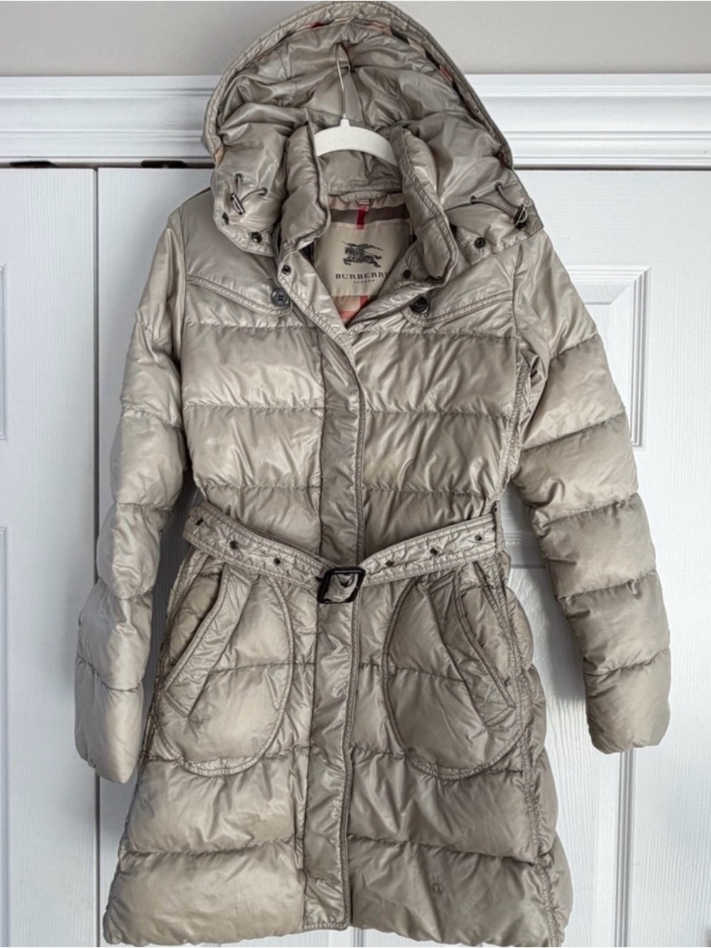 Burberry Light Beige Quilted Belted Puffer Coat with Hood